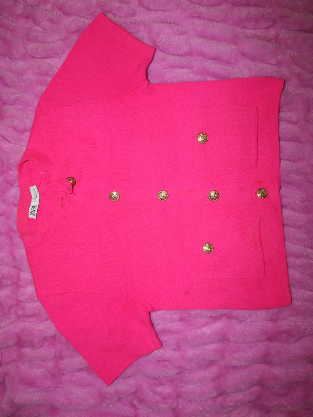 Zara Bright Pink Short Sleeve Buttoned Cardigan with Gold Buttons